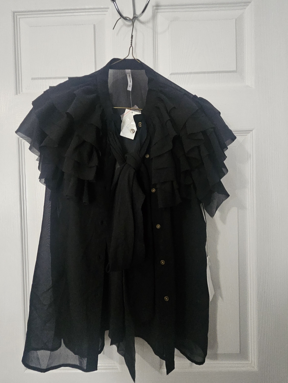 Sheer Ruffle Tie-Neck Blouse - Black